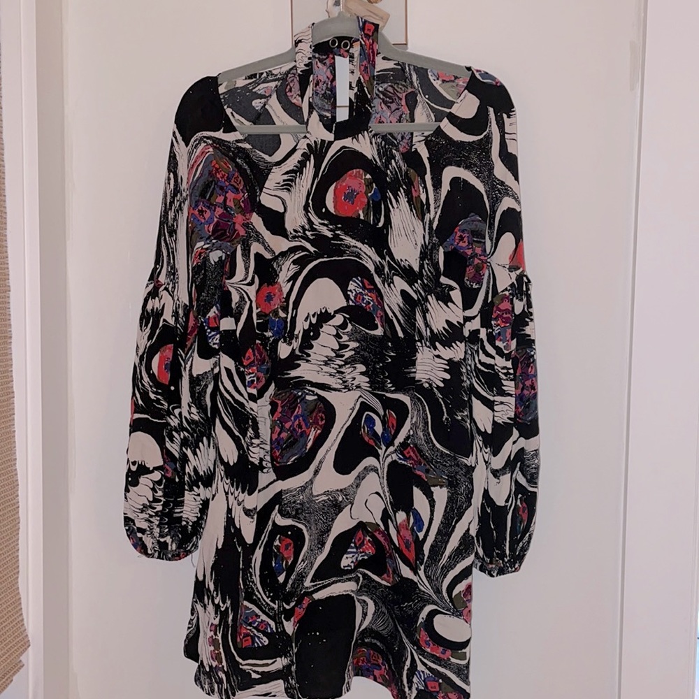 FREE PEOPLE Groovy Painted Cut out Long Sleeve Mini Dress